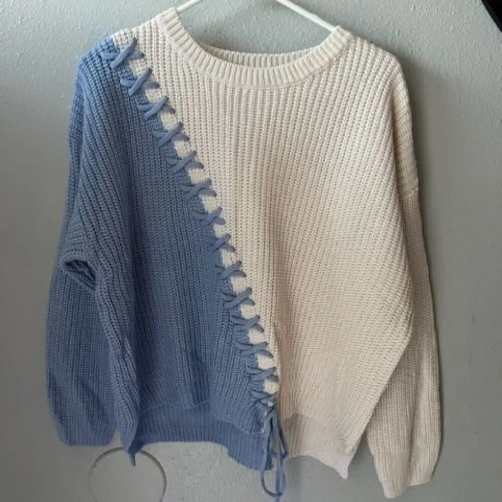 Two-Tone Lace-Up Sweater Davi & Dani 100% Acrylic block color women fall fashion
